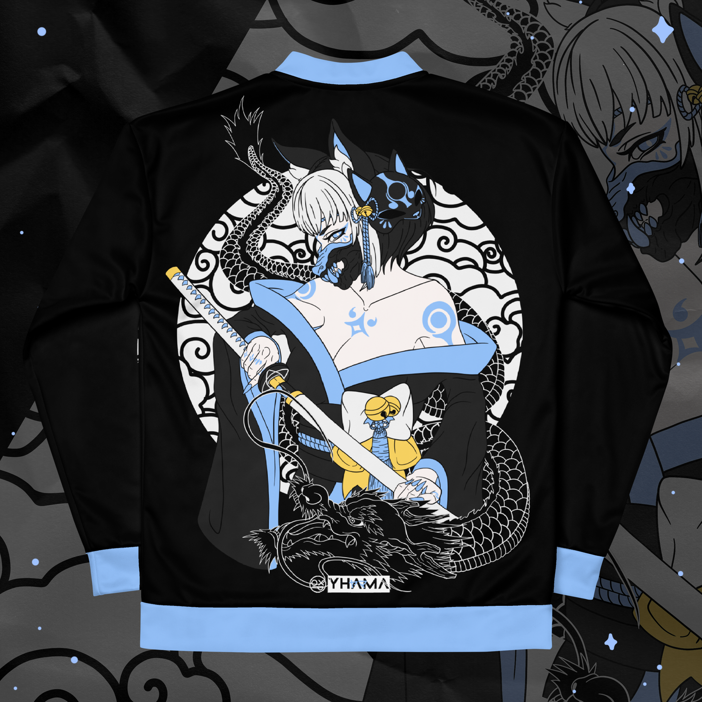 Black Kitsune All-Over Print Bomber Jacket